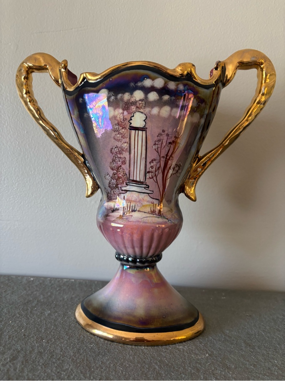 Vintage Gold-Handled Iridescent Pink Decorative Vase- Unbranded